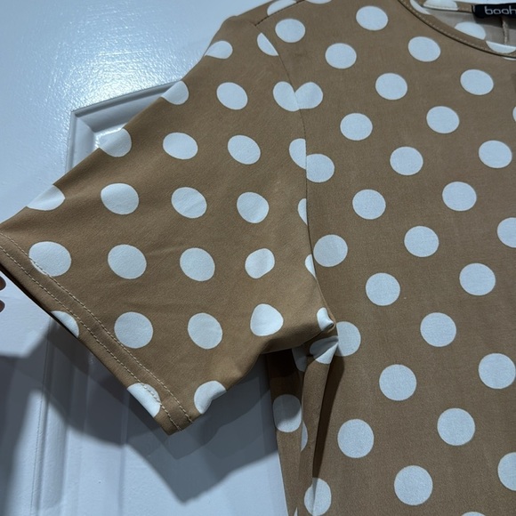 🔵 Boohoo Polka Dot Tan Mocha Dress New w/ Tag Size 8 - Picture 4 of 8